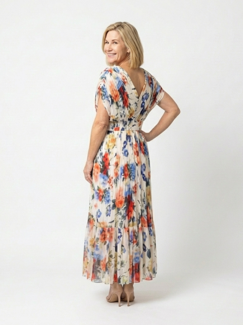 Robe Midi Plissée à Manches Courtes avec Imprimé Floral - Savannah