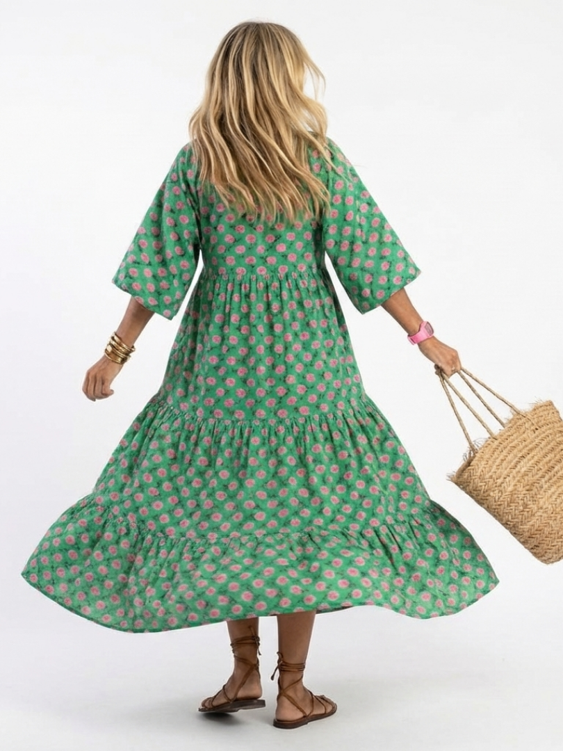FIORA | Robe Midi à Imprimé Floral en V avec Volants