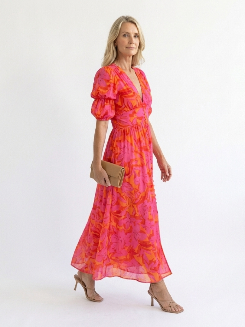 Willow | Robe Midi à Manches Bouffantes et Col en V à Motif Floral