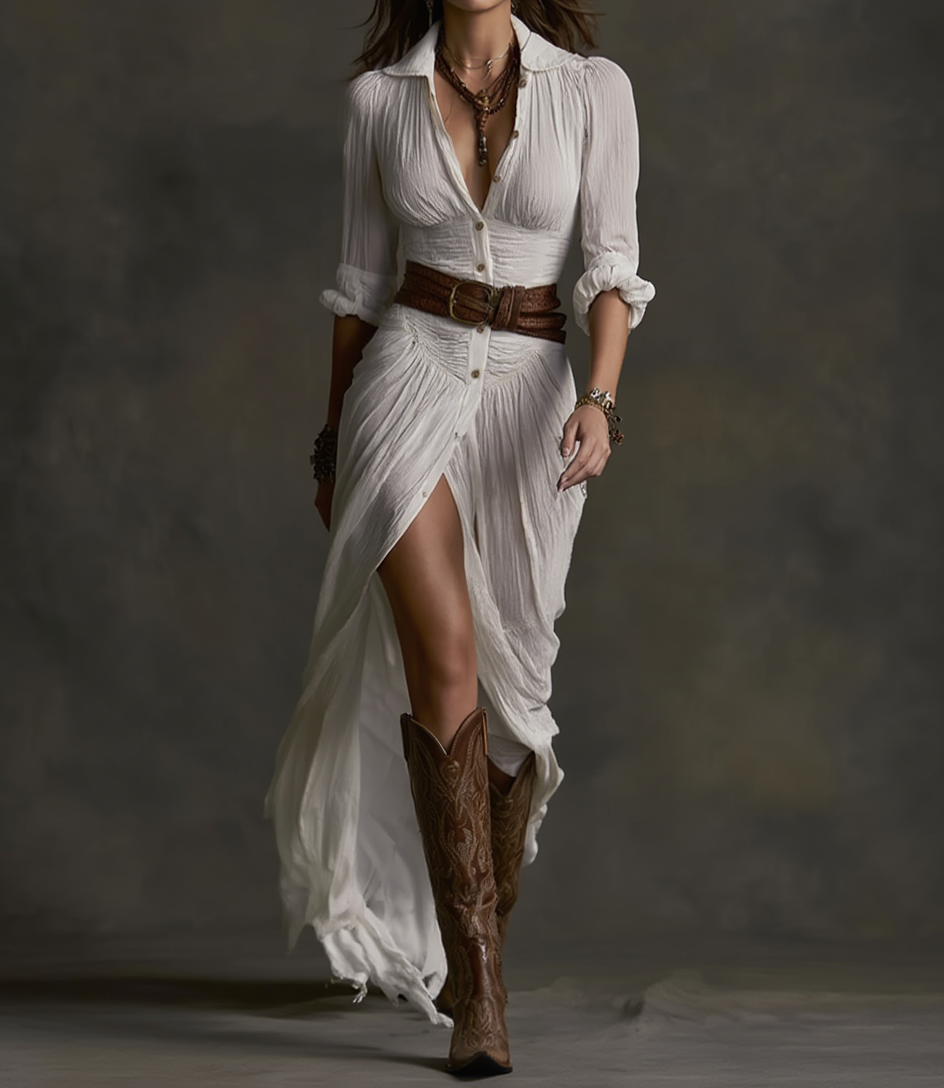 Aurore | Longue robe en lin avec col