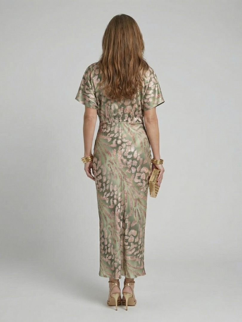 Coralie | Robe Midi à Motif Abstrait avec Décolleté en V et Taille Twistée