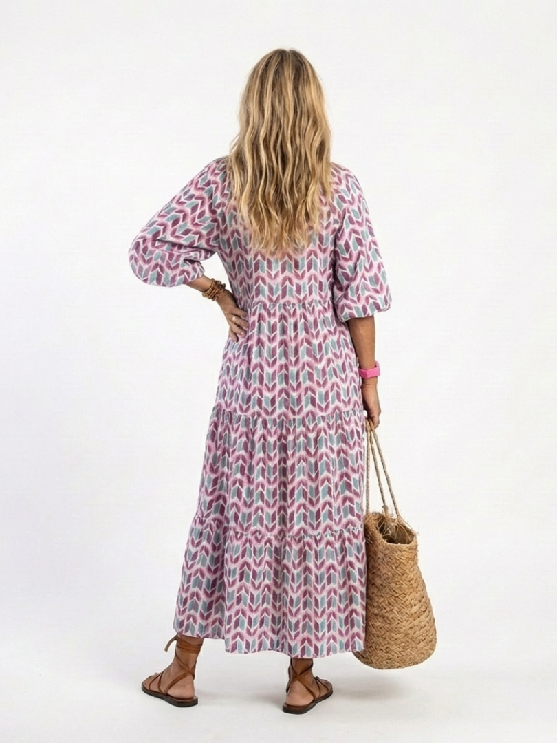 MIREYA | Robe Midi à Manches Longues avec Imprimé Géométrique