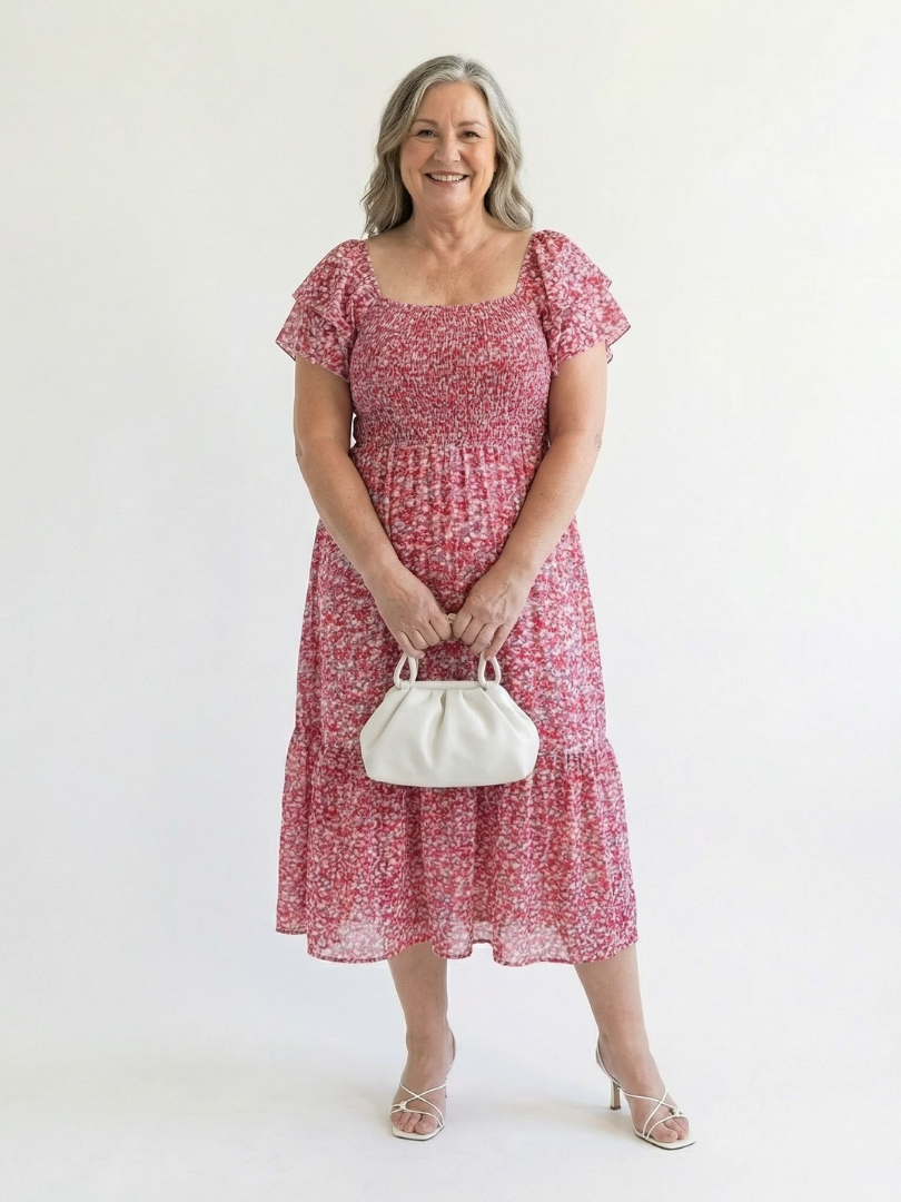 Odette | Robe Midi Fleurs Smockée à Épaules Dégagées