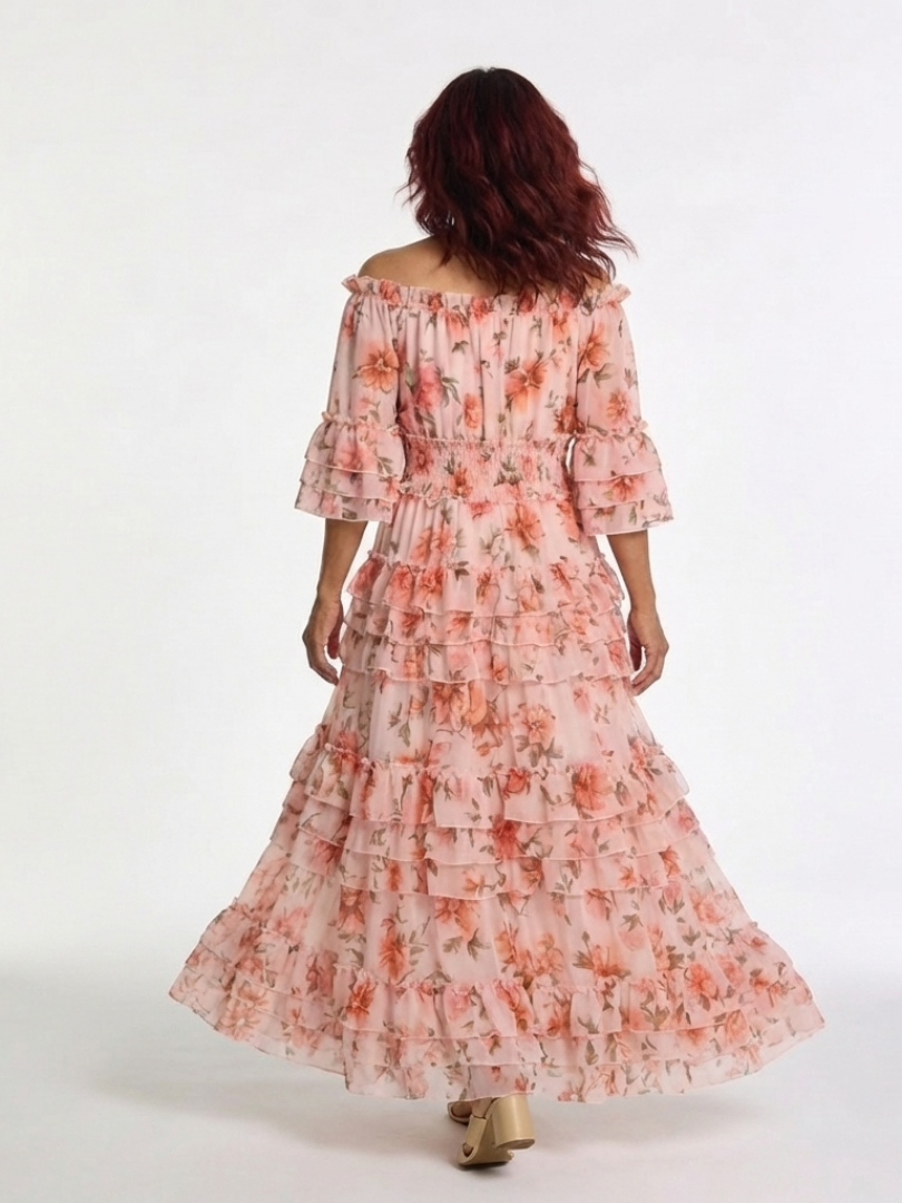 Rosalie | Robe Maxi Florale à Volants avec Décolleté