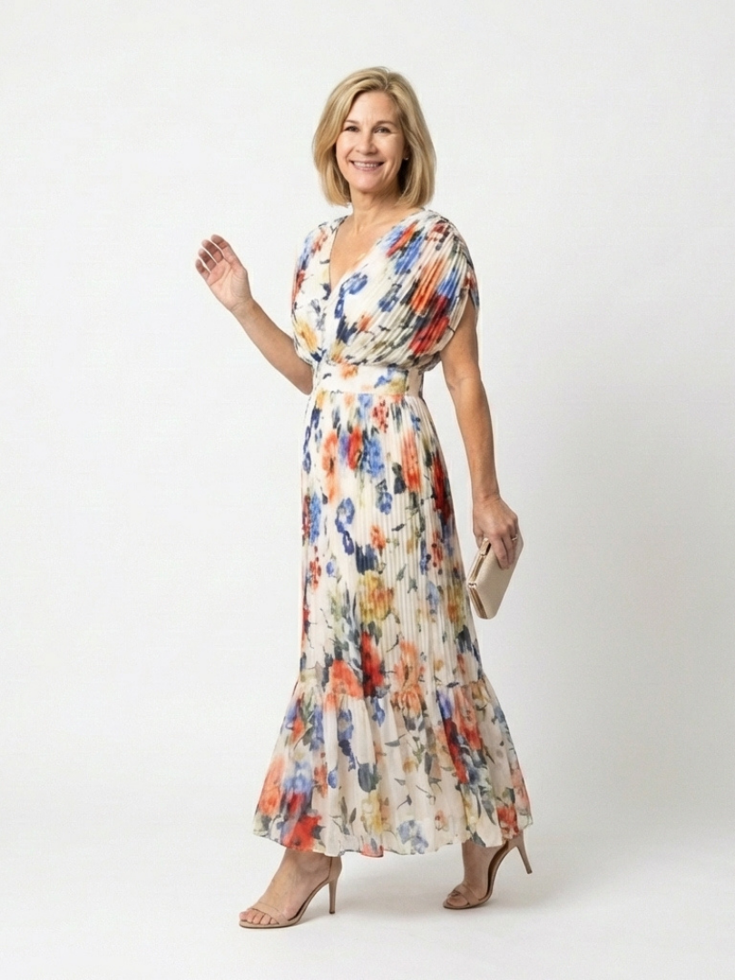 Robe Midi Plissée à Manches Courtes avec Imprimé Floral - Savannah