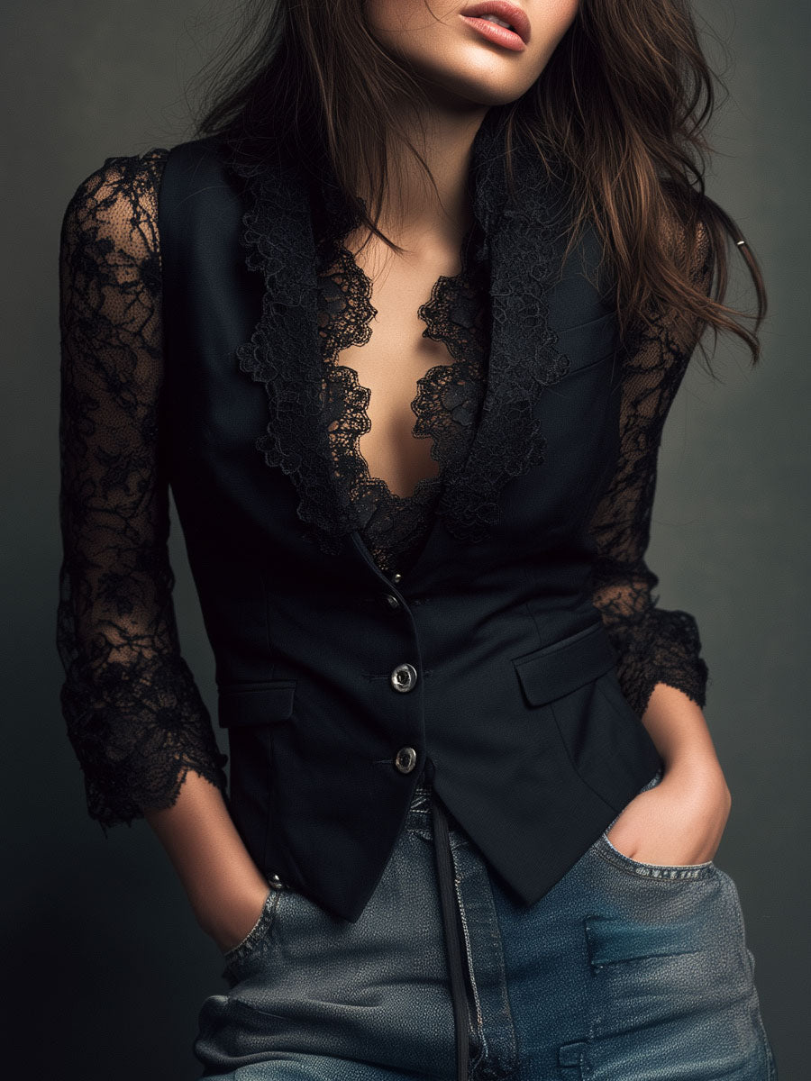 Noémie | Blazer noir avec manches semi-transparentes