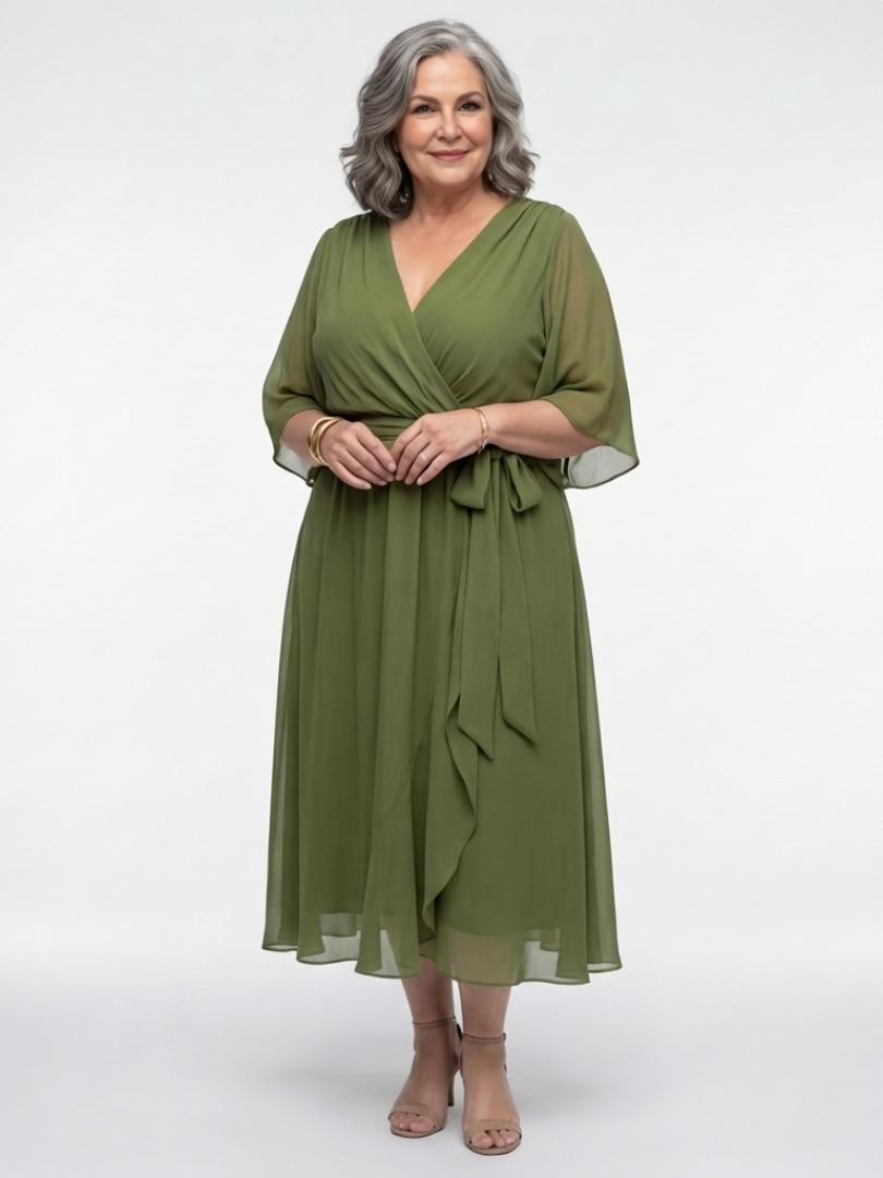 Elysia | Robe Midi Drapée à Encolure en V avec Ceinture Ajustable