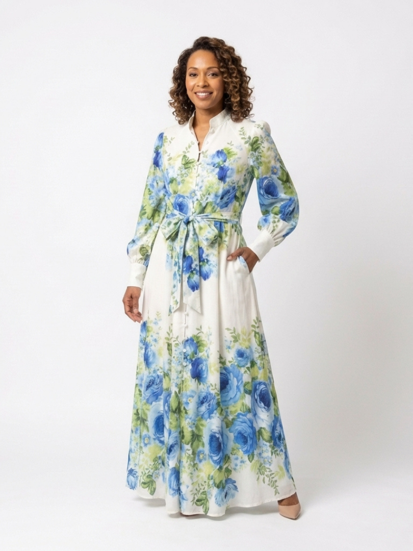 Robe Maxi à Fleurs Harper avec Manches Longues et Boutonnage