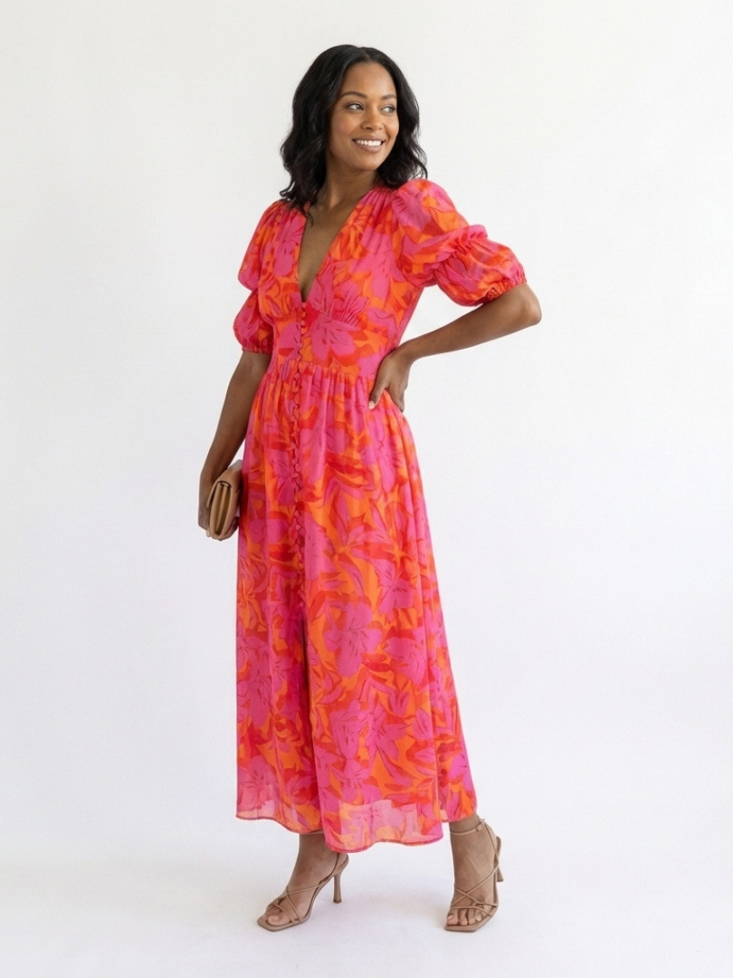 Willow | Robe Midi à Manches Bouffantes et Col en V à Motif Floral