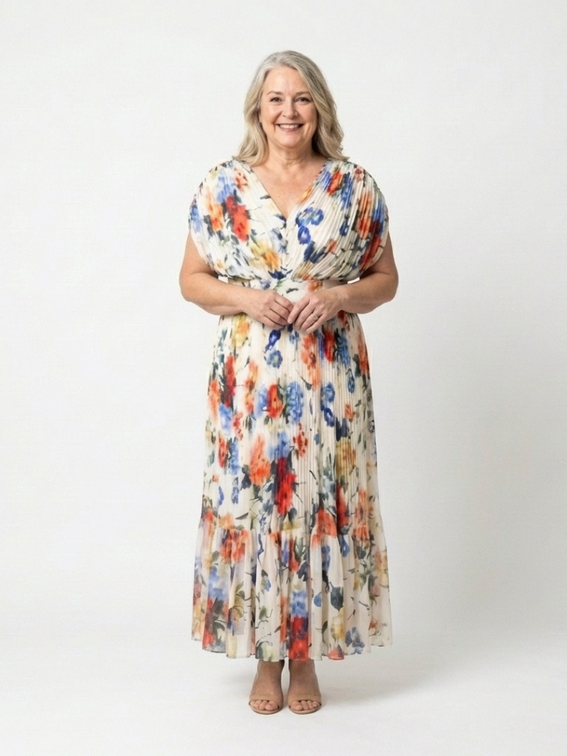 Robe Midi Plissée à Manches Courtes avec Imprimé Floral - Savannah