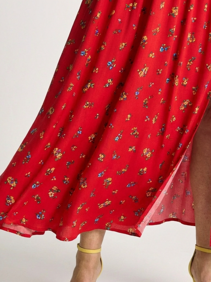 Delphine | Robe Midi à Col Carré avec Manches Bouffantes et Motif Floral