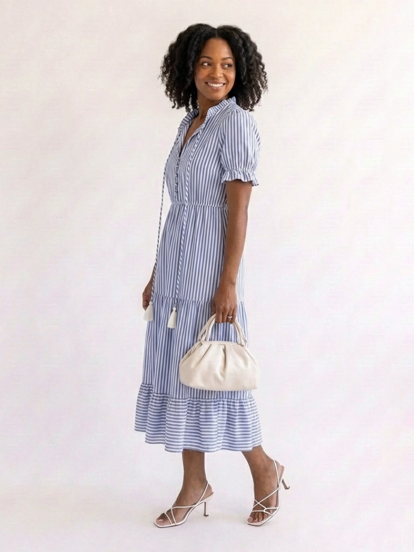 Dakota | Robe midi à rayures avec manches courtes et volants