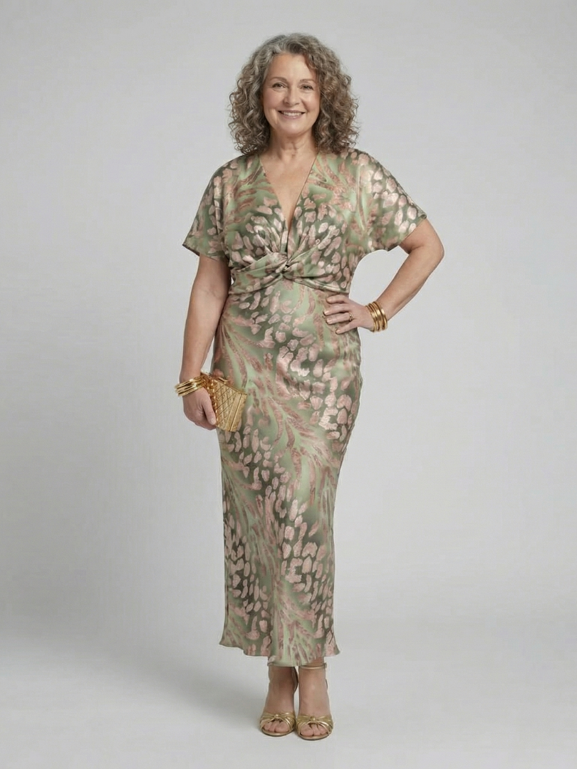 Coralie | Robe Midi à Motif Abstrait avec Décolleté en V et Taille Twistée