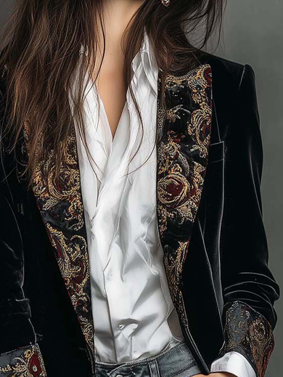 Léontine | Blazer cintré noir à motif baroque