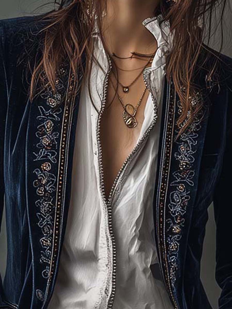 Athénaïs | Longue veste vintage brodée bleu marine