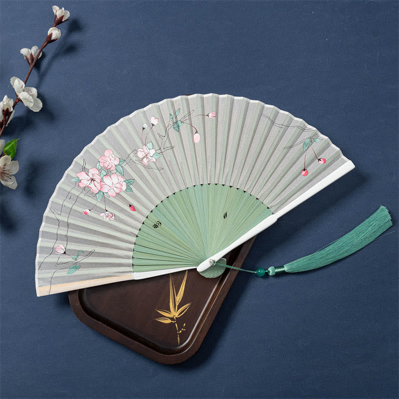 Faltbarer Handfächer aus Seide und Bambus mit Buddha-Motiven, Lotus, Begonie, Blume und Jasmin – 21 cm