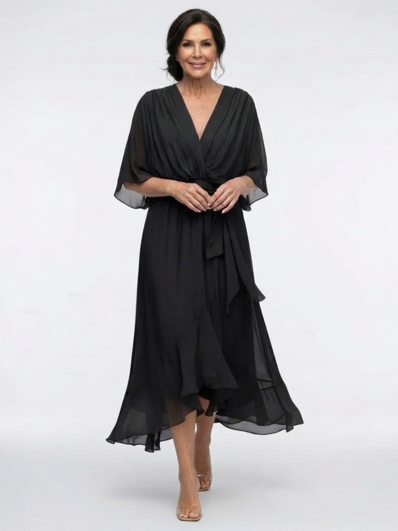 Elysia | Robe Midi Drapée à Encolure en V avec Ceinture Ajustable