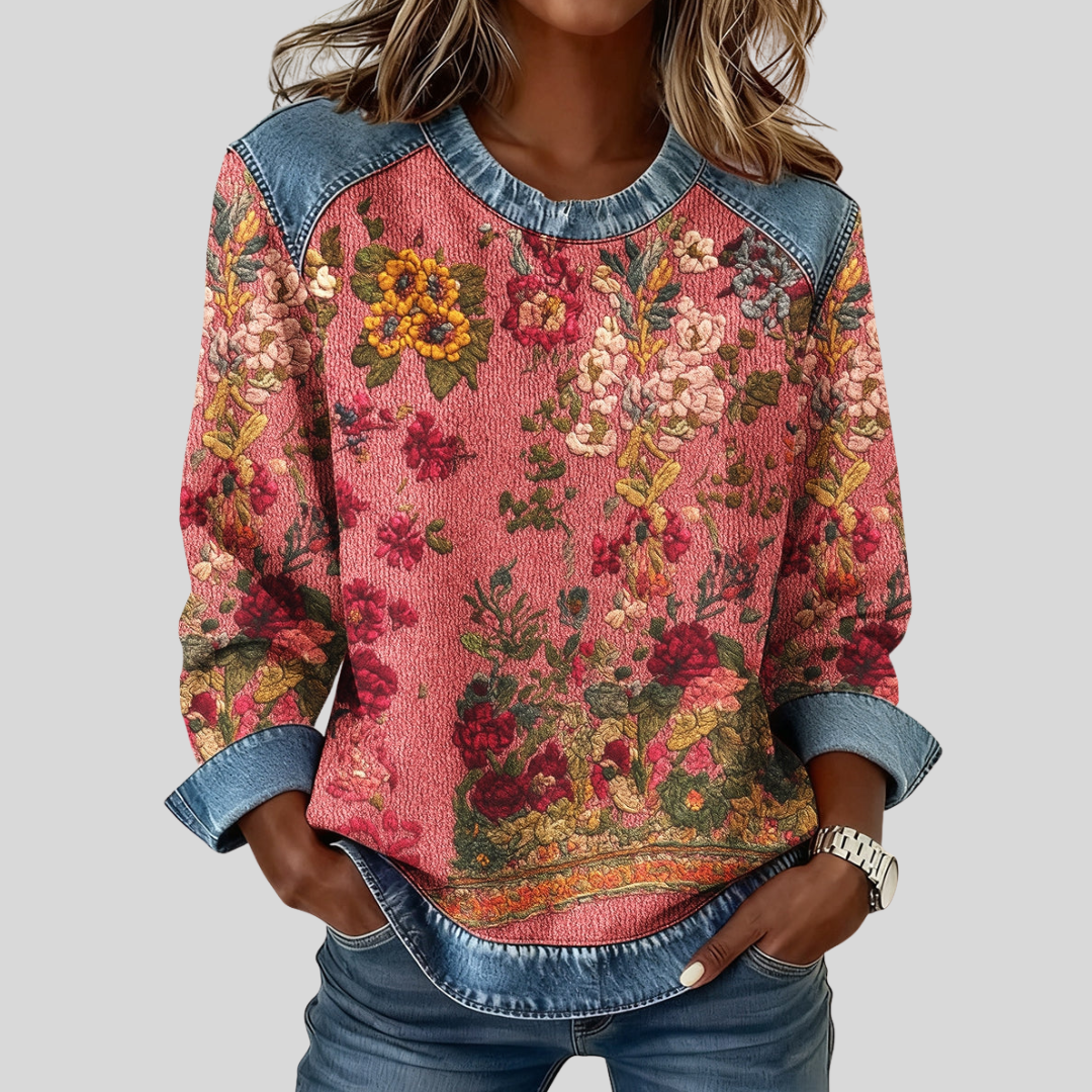 Orabelle | Sweat-shirt fleuri avec détails en denim
