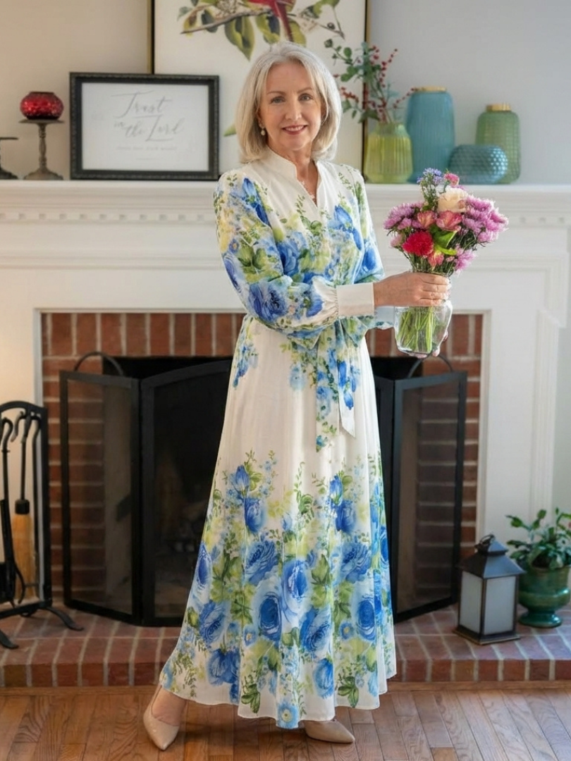 Robe Maxi à Fleurs Harper avec Manches Longues et Boutonnage