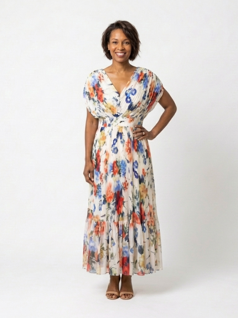Robe Midi Plissée à Manches Courtes avec Imprimé Floral - Savannah
