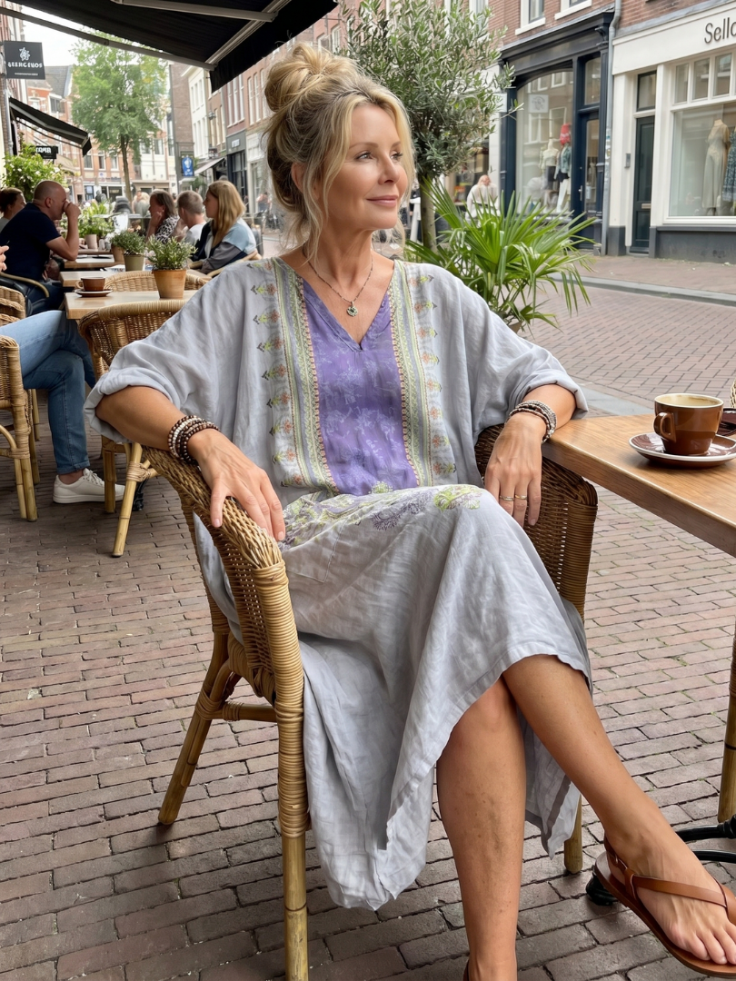 Midi Kleid Bestickt Kontrast Véronique