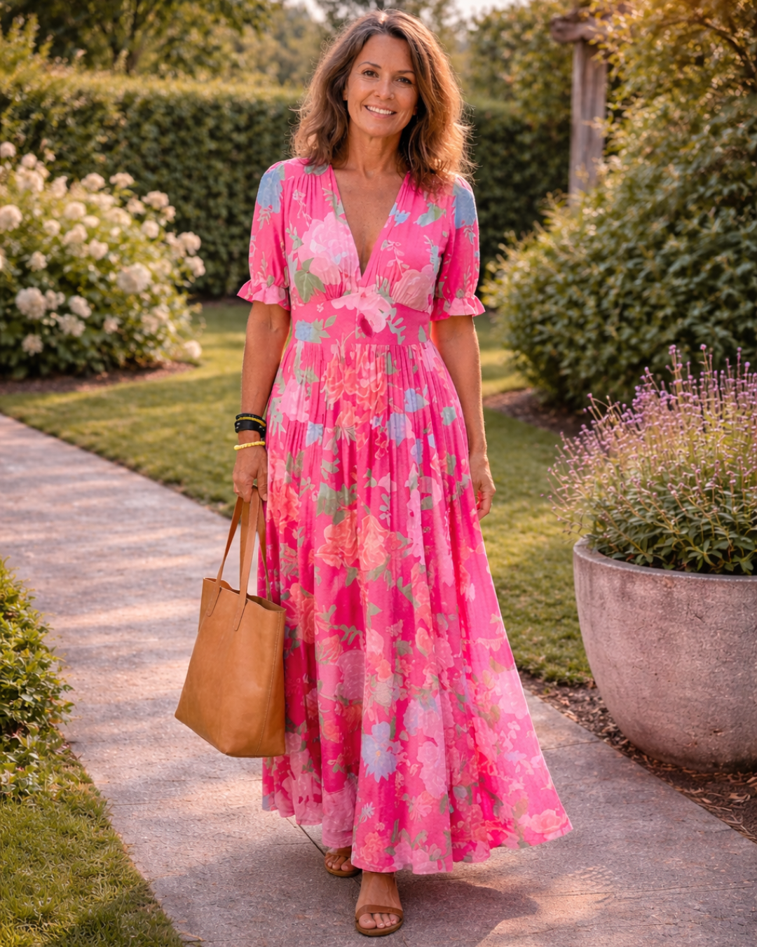 Ione | Robe Midi Fleurie à Manches Courtes avec Décolleté en V