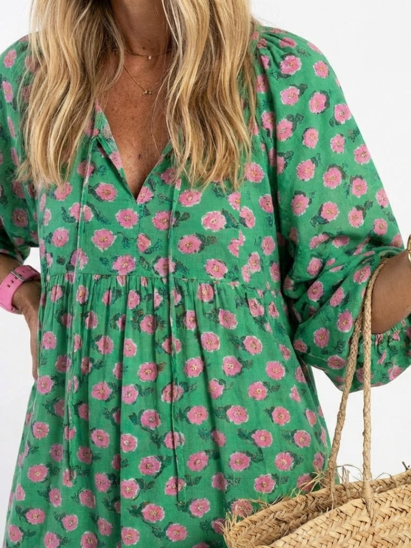 FIORA | Robe Midi à Imprimé Floral en V avec Volants