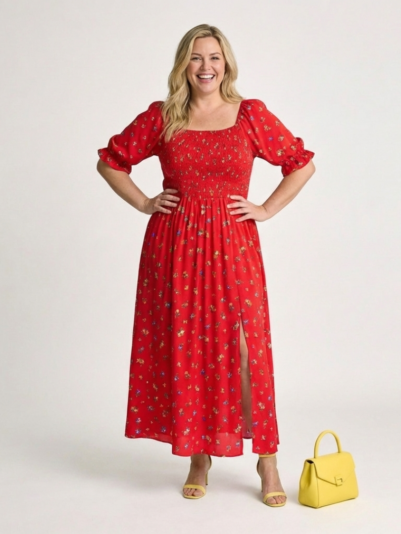 Delphine | Robe Midi à Col Carré avec Manches Bouffantes et Motif Floral