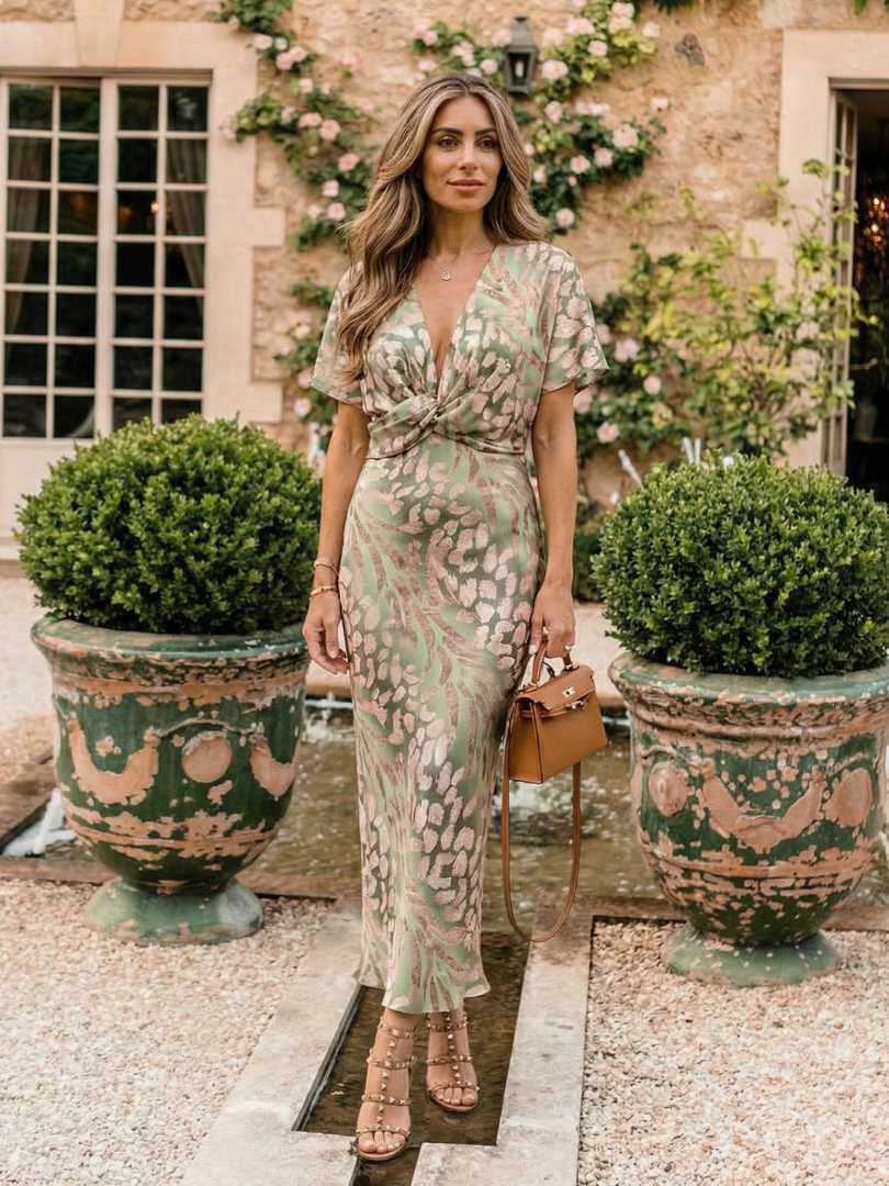 Coralie | Robe Midi à Motif Abstrait avec Décolleté en V et Taille Twistée