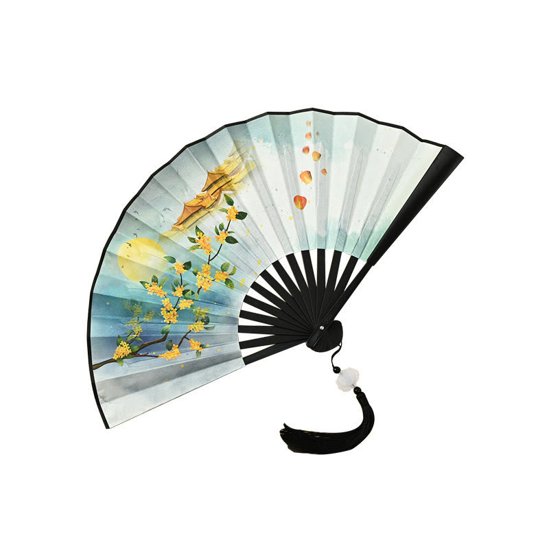 Vintage Buddha Stones Phoenix Nine-Tailed Fox Flower Bamboo Tiger Handheld Fan with Lotus Tassel