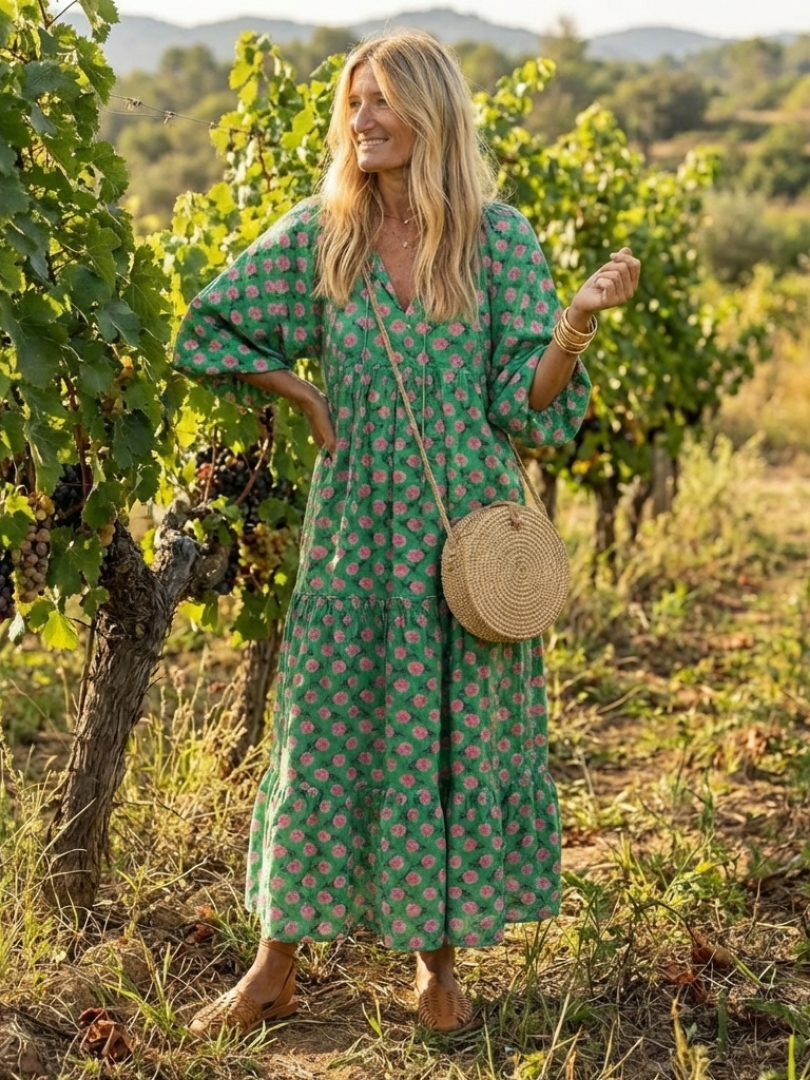 FIORA | Robe Midi à Imprimé Floral en V avec Volants