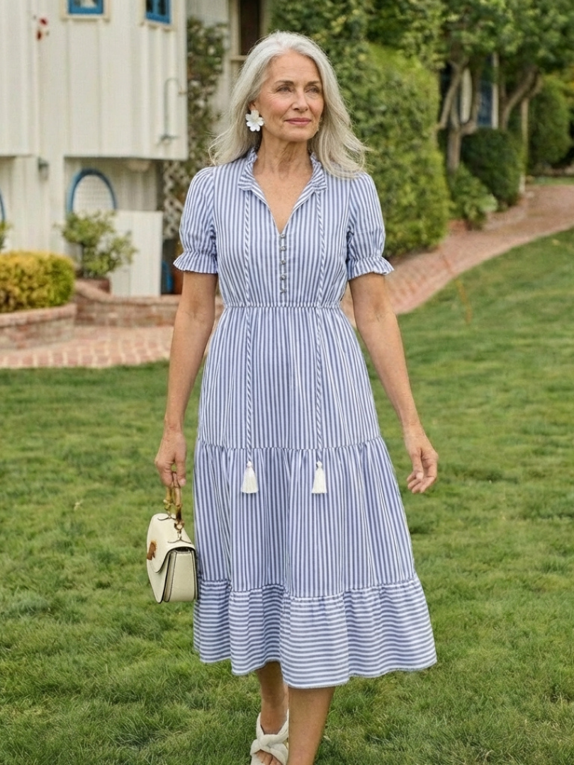 Dakota | Robe midi à rayures avec manches courtes et volants