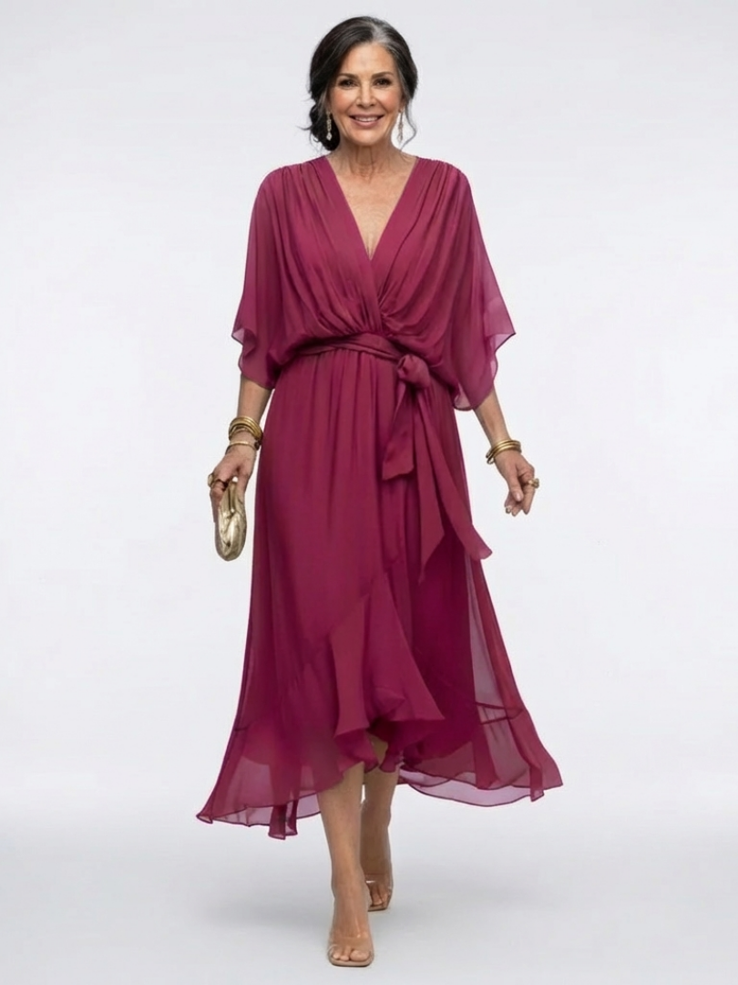 Elysia | Robe Midi Drapée à Encolure en V avec Ceinture Ajustable