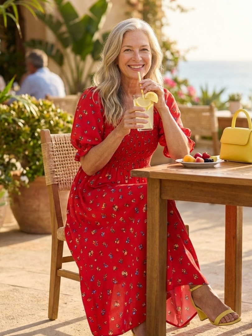 Delphine | Robe Midi à Col Carré avec Manches Bouffantes et Motif Floral