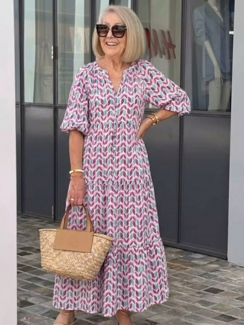MIREYA | Robe Midi à Manches Longues con Imprimé Géométrique