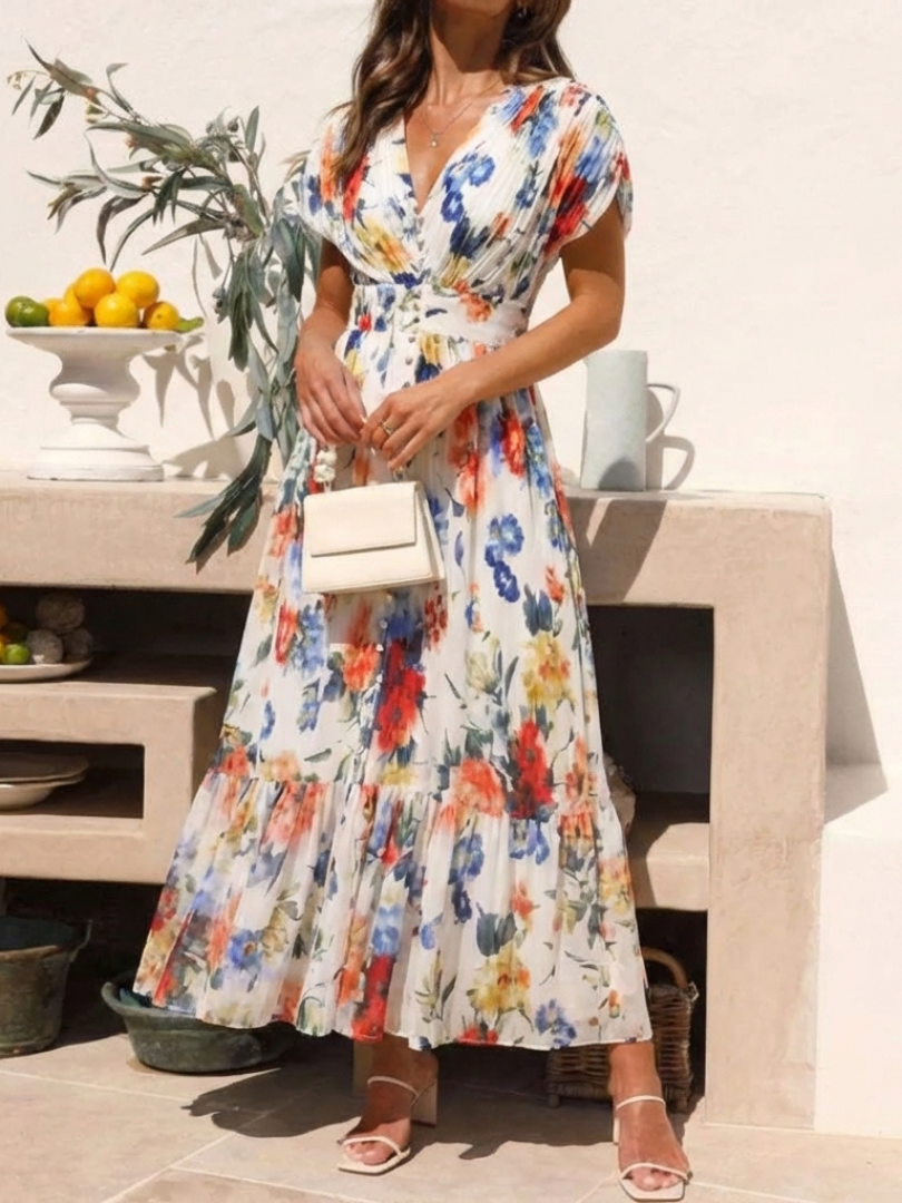 Robe Midi Plissée à Manches Courtes avec Imprimé Floral - Savannah