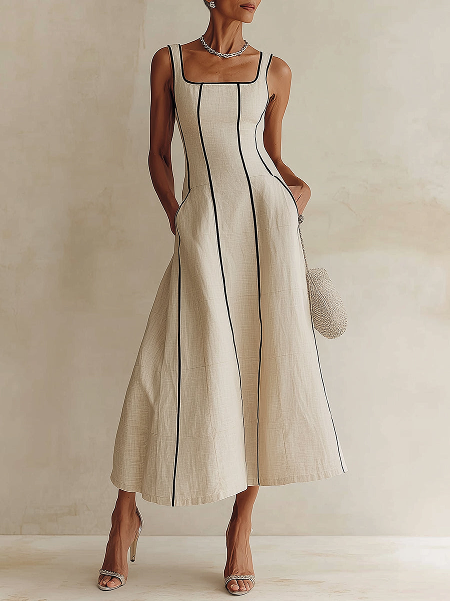 Manon | Robe longue en coton-lin à rayures avec accent noir