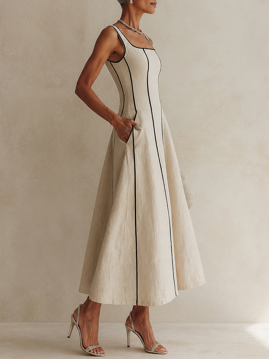 Manon | Robe longue en coton-lin à rayures avec accent noir