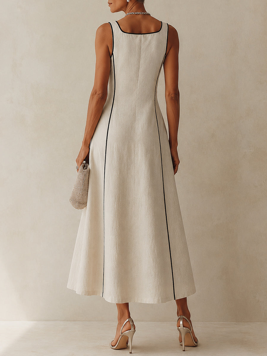Manon | Robe longue en coton-lin à rayures avec accent noir