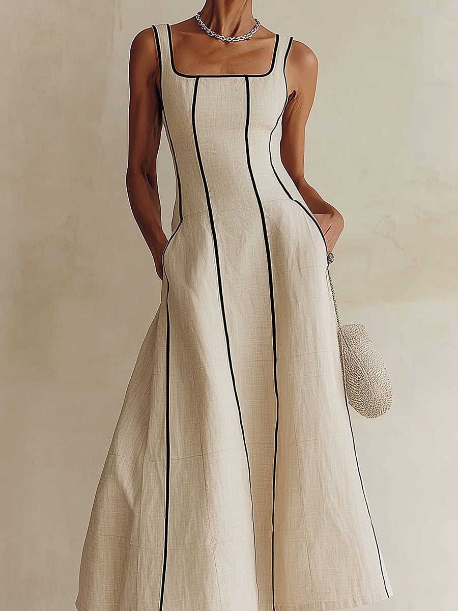 Manon | Robe longue en coton-lin à rayures avec accent noir