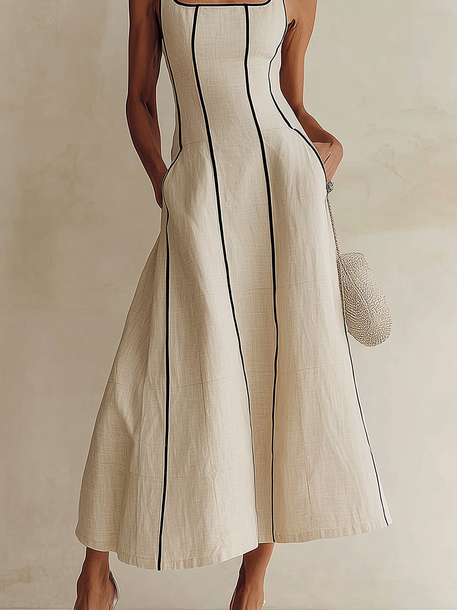 Manon | Robe longue en coton-lin à rayures avec accent noir