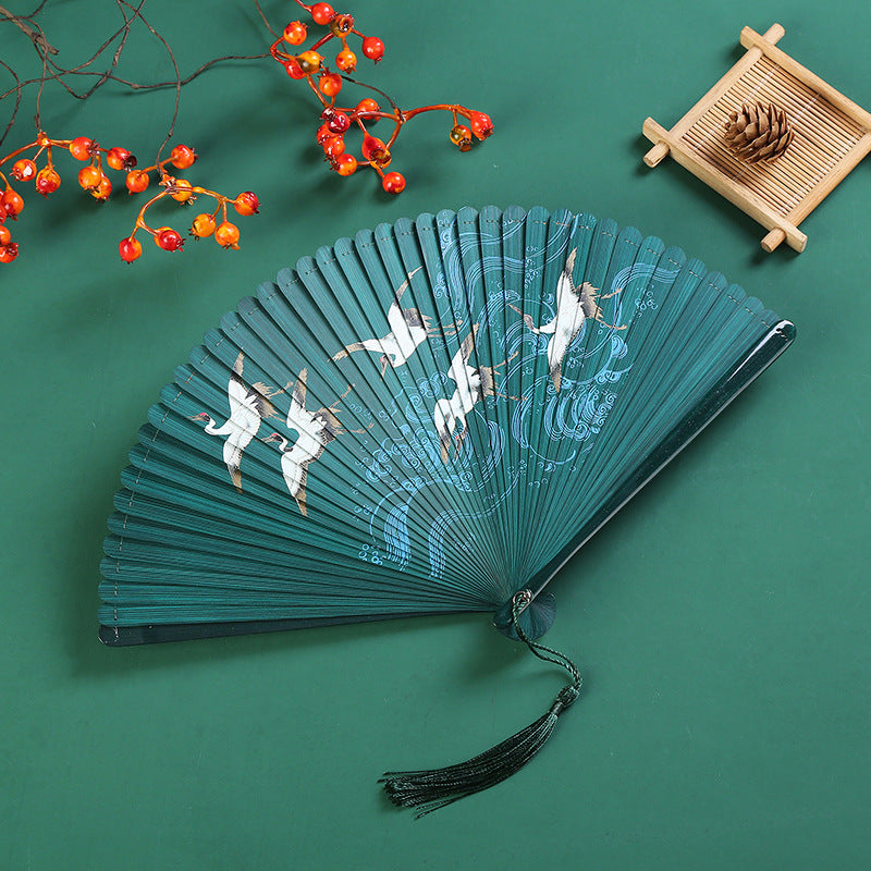Vintage Buddha Stones Cloud Crane Maple Leaf Pattern Handcrafted Bamboo Folding Fan