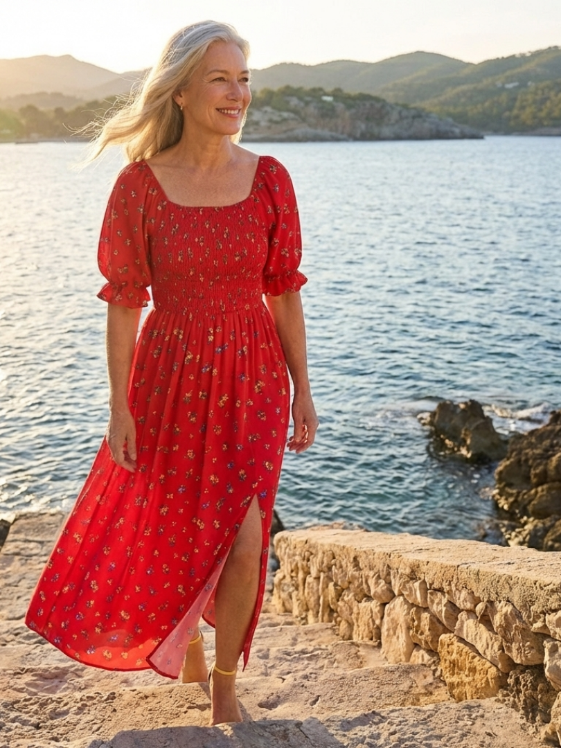 Delphine | Robe Midi à Col Carré avec Manches Bouffantes et Motif Floral