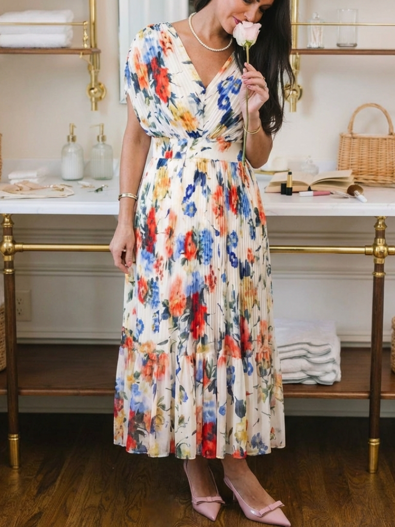 Robe Midi Plissée à Manches Courtes avec Imprimé Floral - Savannah
