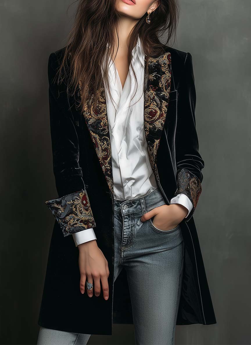 Léontine | Blazer cintré noir à motif baroque