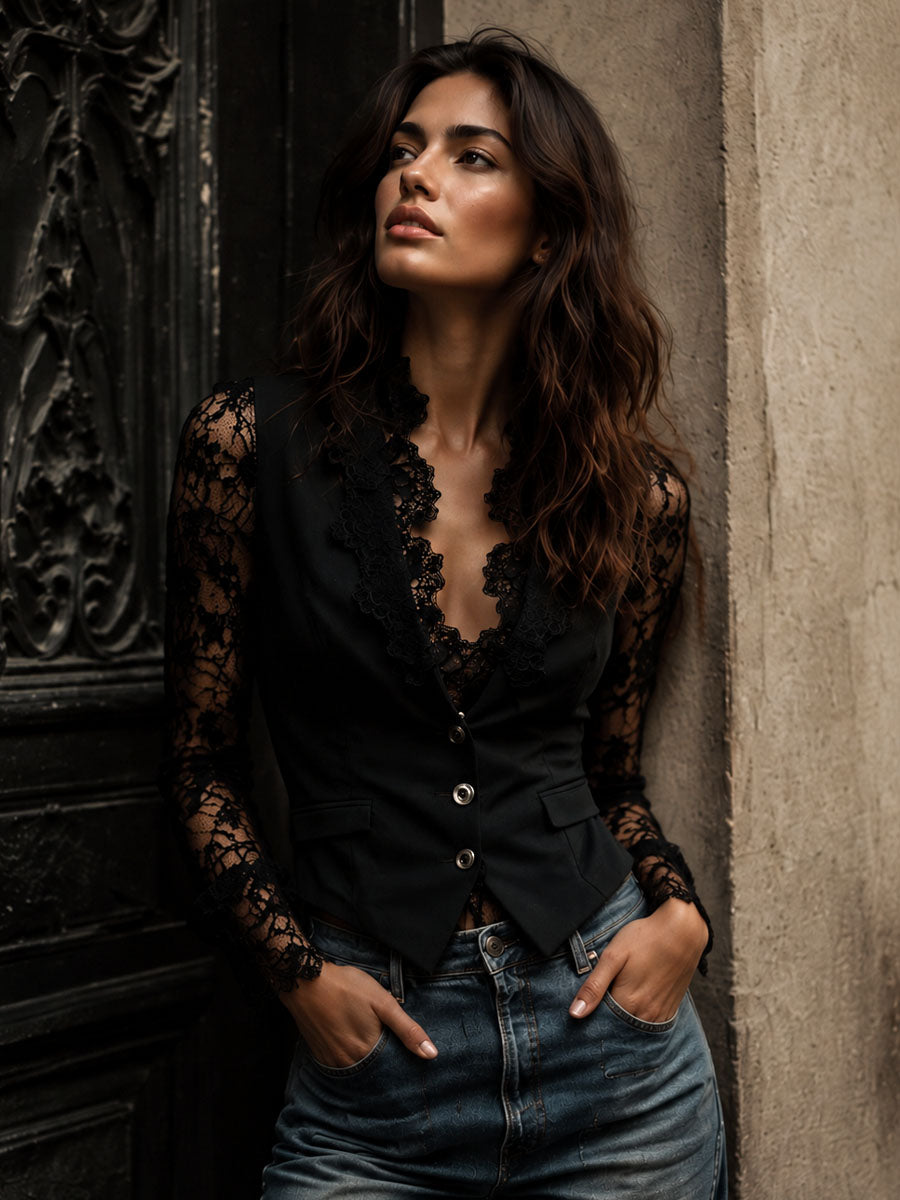 Noémie | Blazer noir avec manches semi-transparentes