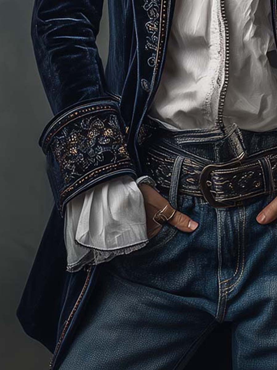 Athénaïs | Longue veste vintage brodée bleu marine