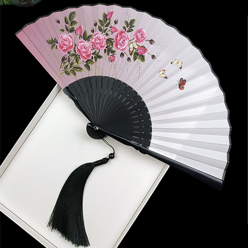 Vintage Buddha Stones Silk Hand Fan with Bamboo Frame - Peony Butterfly Lotus Design