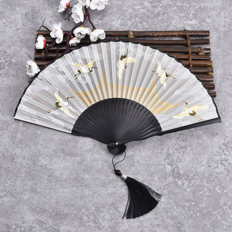 Vintage Bambus Faltfächer mit Wolken- und Kranich-Muster – Handgefertigt von Buddha Stones