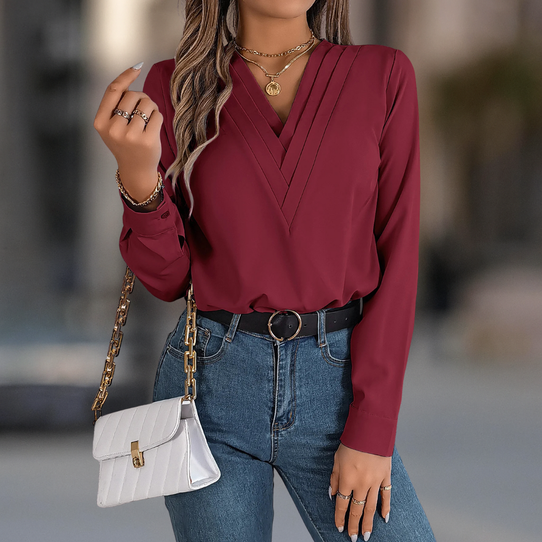 Anastasia Luxe Blouse plissée à manches longues et col en V pour femme